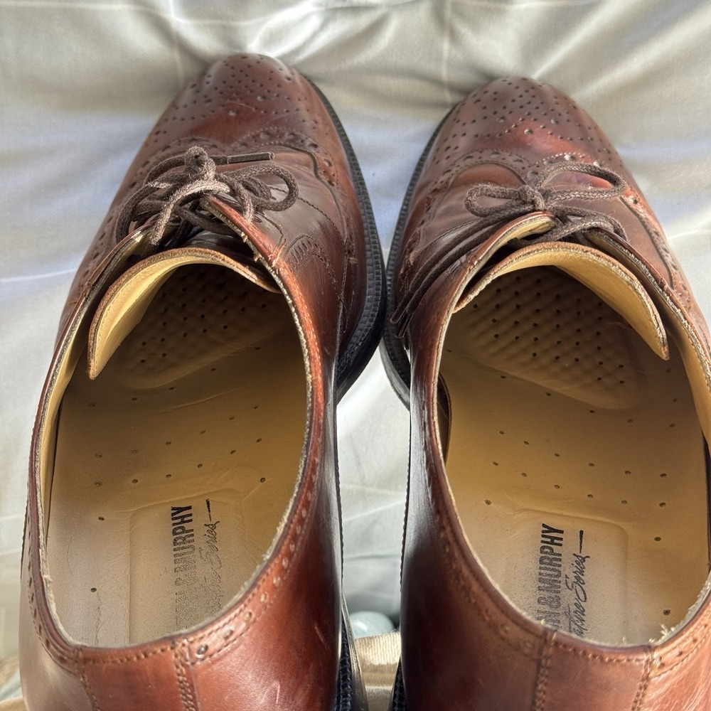 10.5 M Johnson & Murphy Italy Mens Brown Cap Toe Oxford Dress Shoes Lace Up EUC - Picture 8 of 9